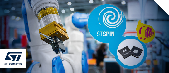 STMicroelectronics logo overlaid on a Robotic Arm and the STSPIN product